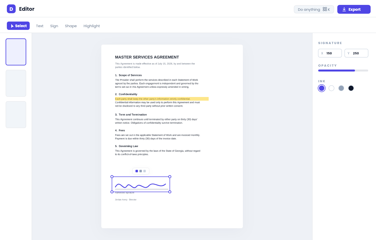 The DiemDesk Editor — highlighting and signing a PDF, entirely on your device